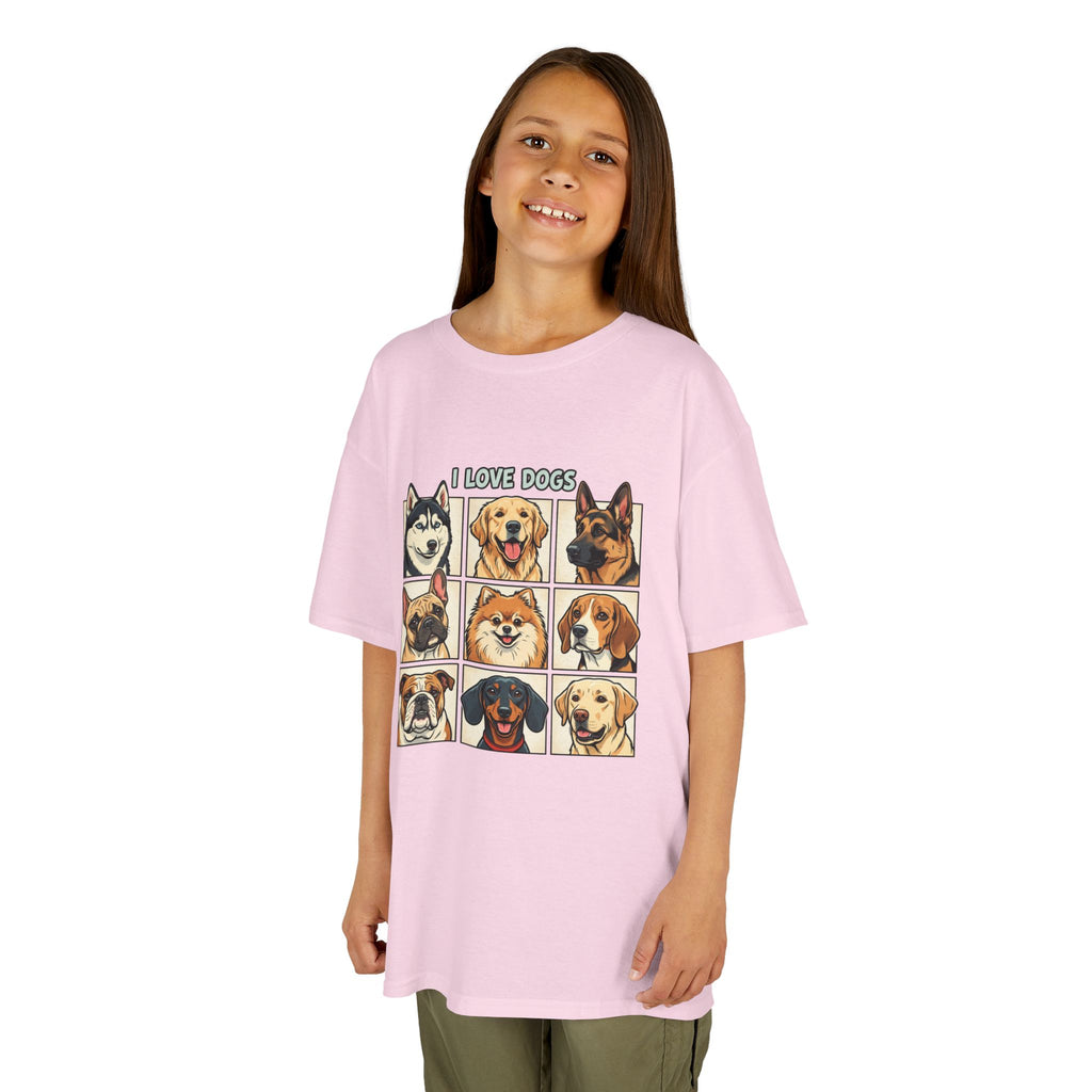 Kids T‑Shirt — "I Love Dogs" Cartoon Breed Grid
