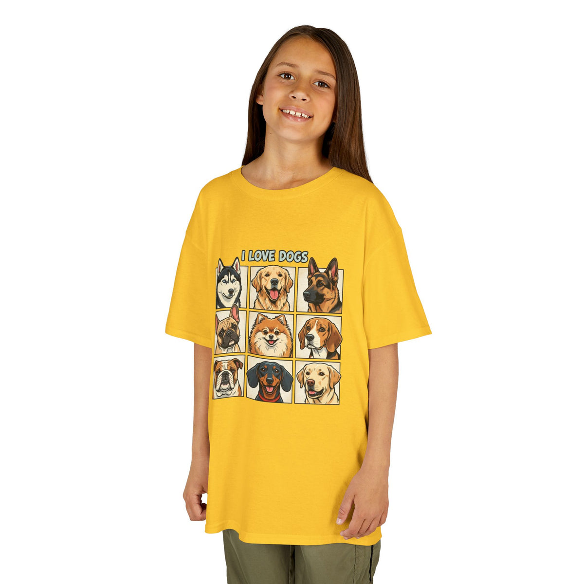 Kids T‑Shirt — "I Love Dogs" Cartoon Breed Grid