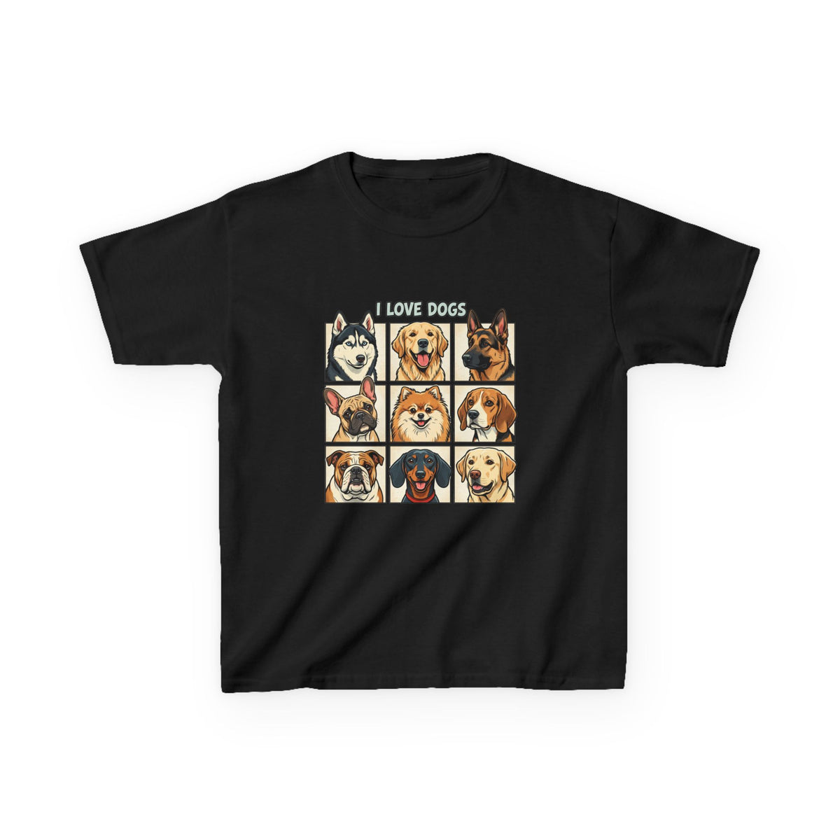 Kids T‑Shirt — "I Love Dogs" Cartoon Breed Grid