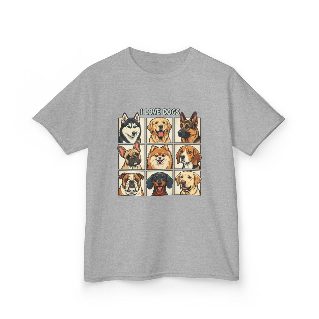 Kids T‑Shirt — "I Love Dogs" Cartoon Breed Grid