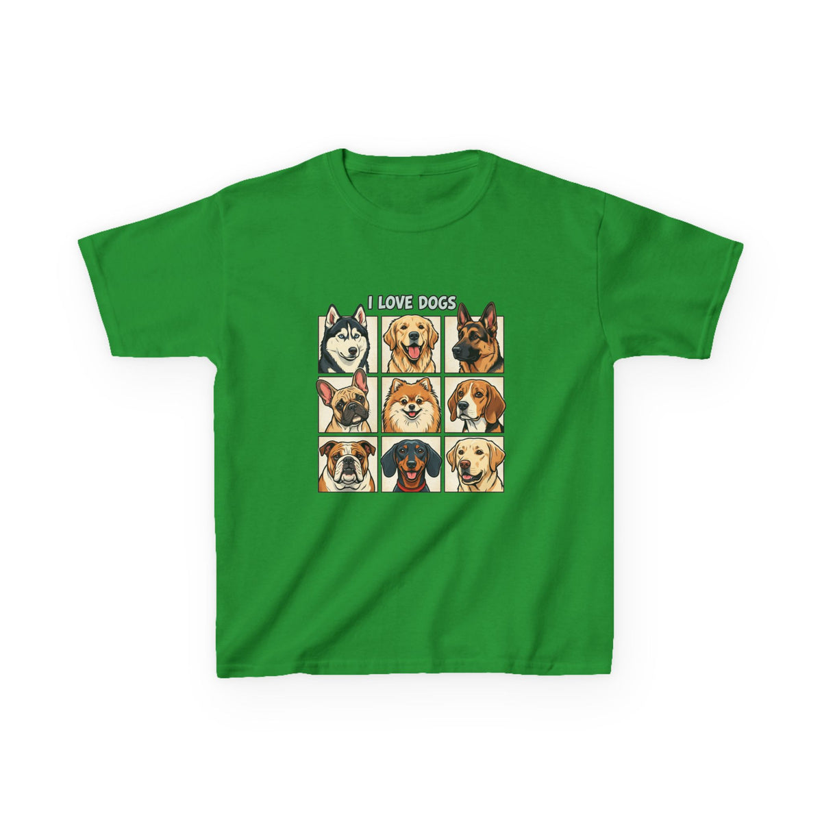 Kids T‑Shirt — "I Love Dogs" Cartoon Breed Grid