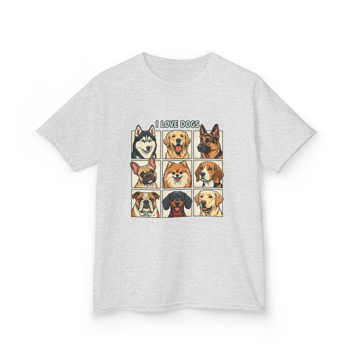 Kids T‑Shirt — "I Love Dogs" Cartoon Breed Grid