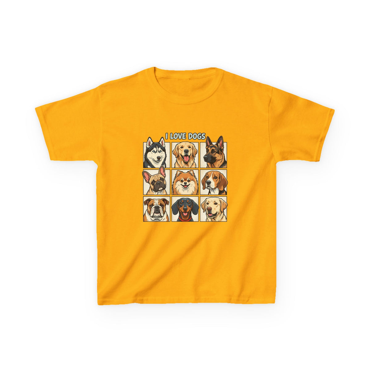 Kids T‑Shirt — "I Love Dogs" Cartoon Breed Grid