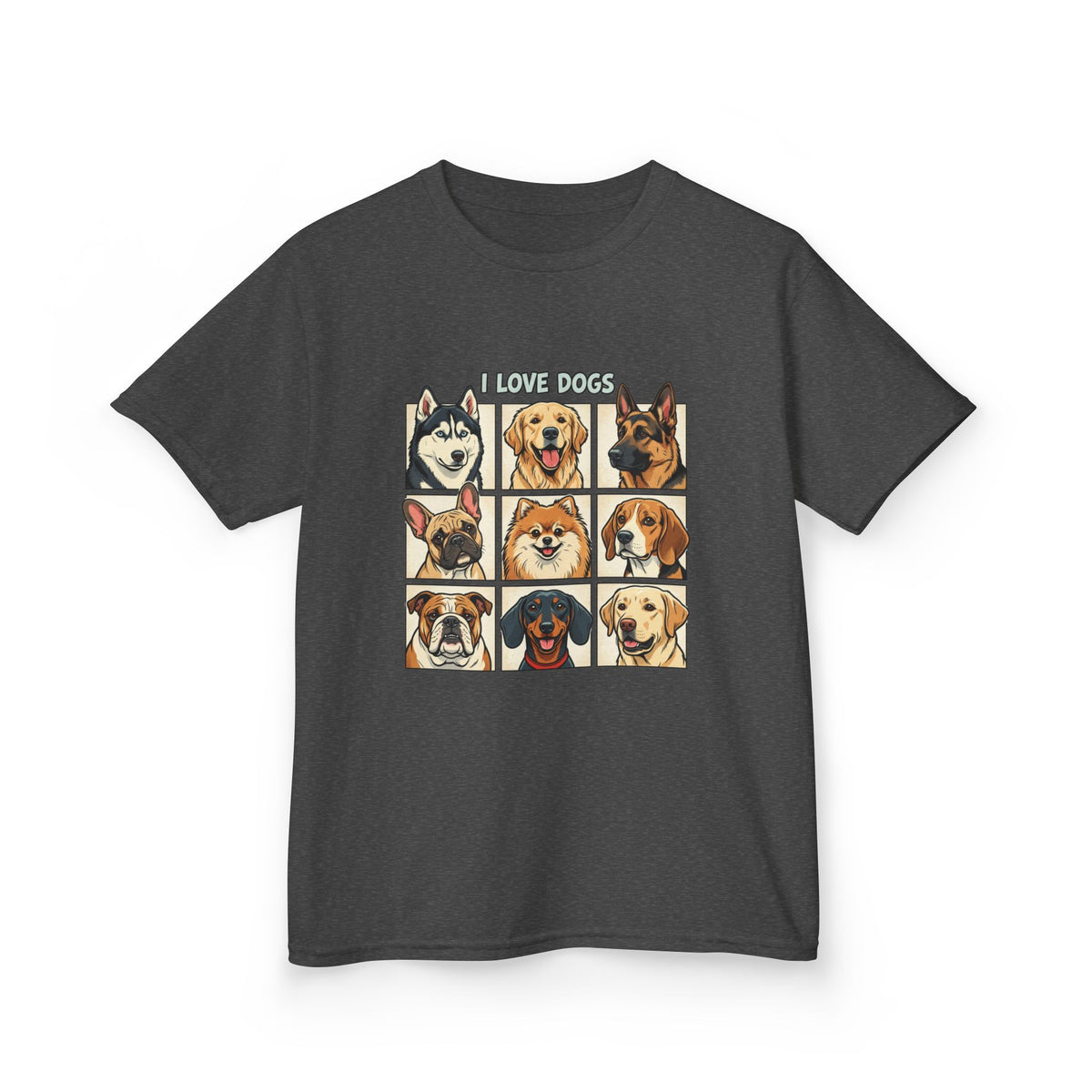 Kids T‑Shirt — "I Love Dogs" Cartoon Breed Grid