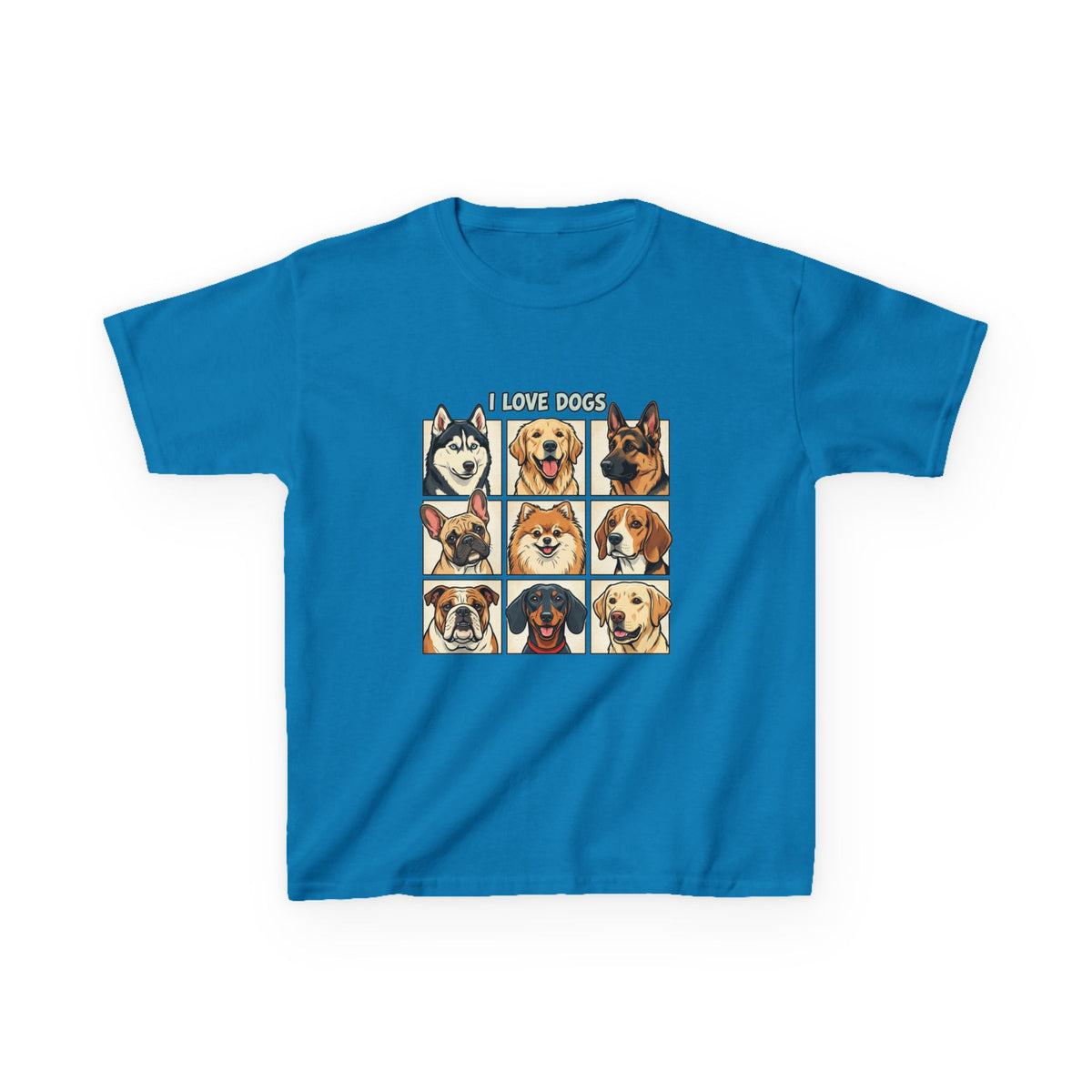 Kids T‑Shirt — "I Love Dogs" Cartoon Breed Grid
