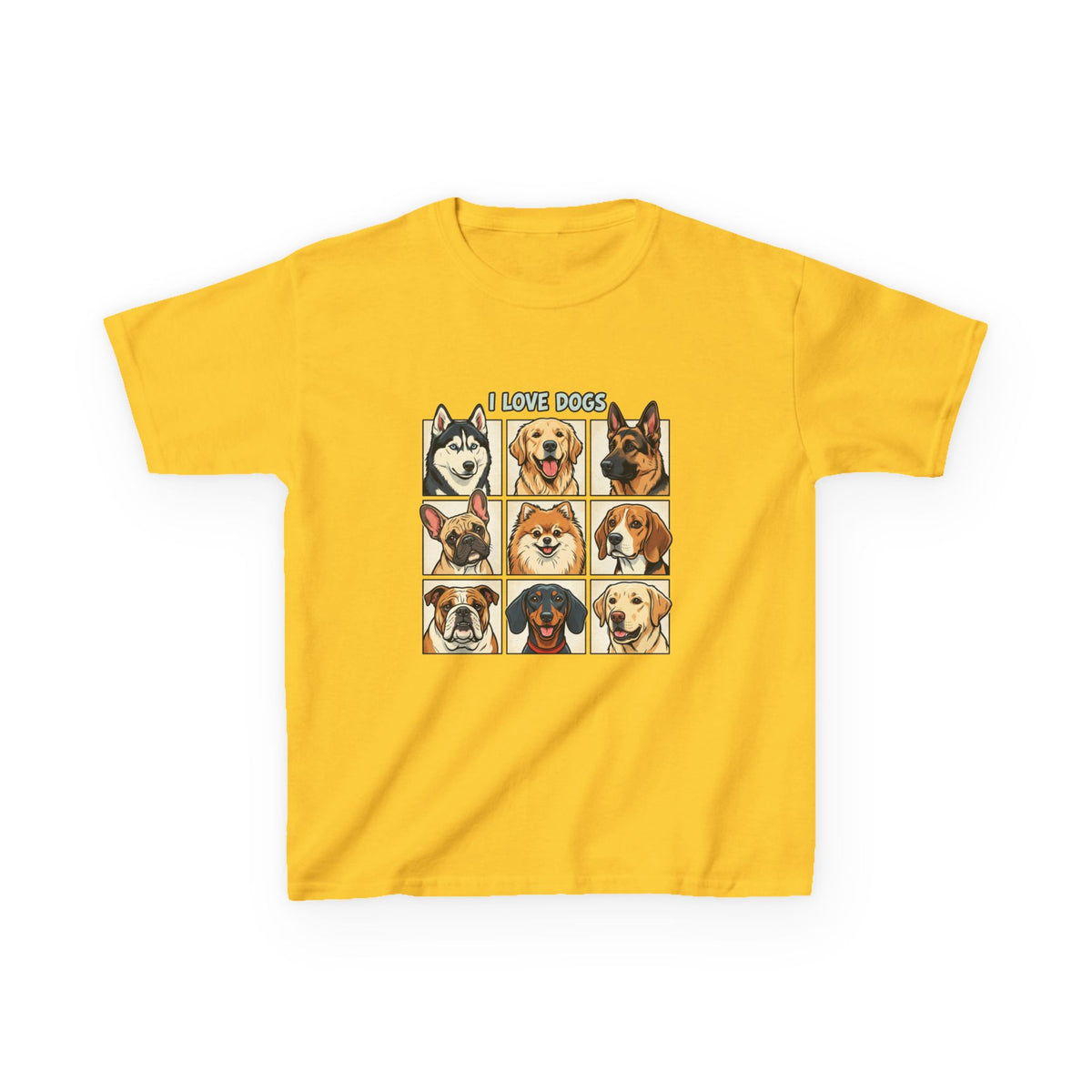Kids T‑Shirt — "I Love Dogs" Cartoon Breed Grid