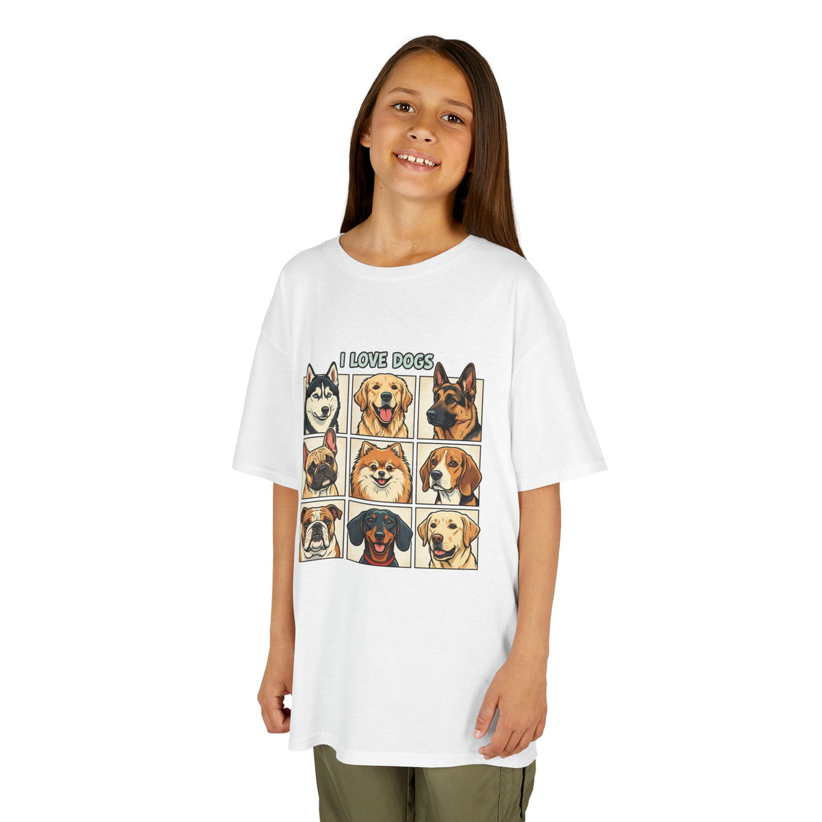 Kids T‑Shirt — "I Love Dogs" Cartoon Breed Grid