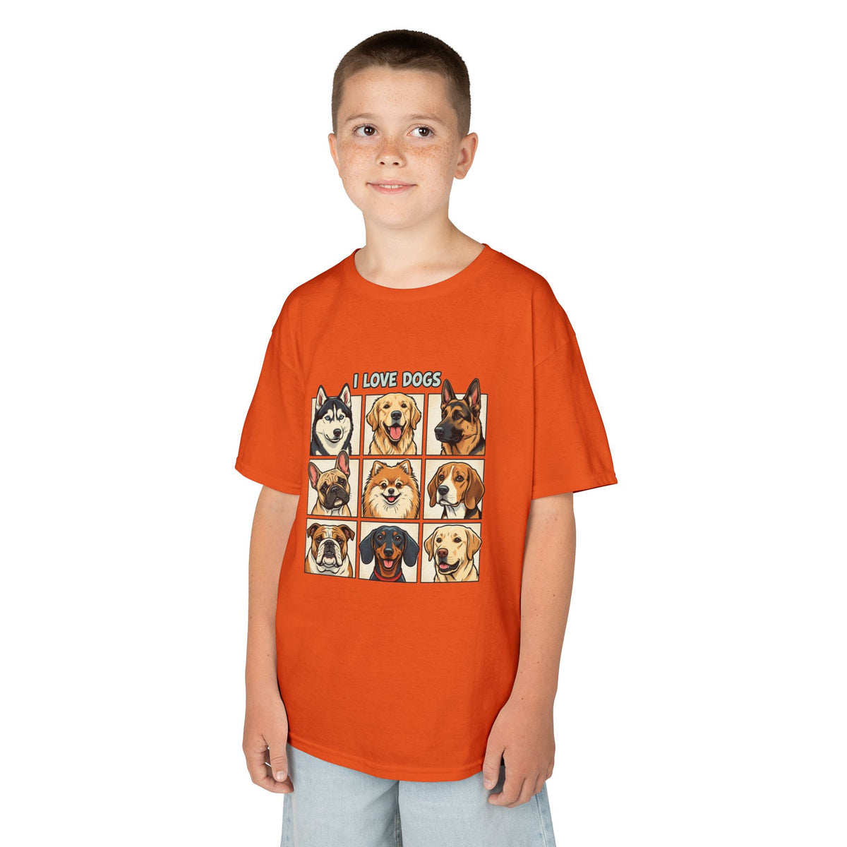 Kids T‑Shirt — "I Love Dogs" Cartoon Breed Grid