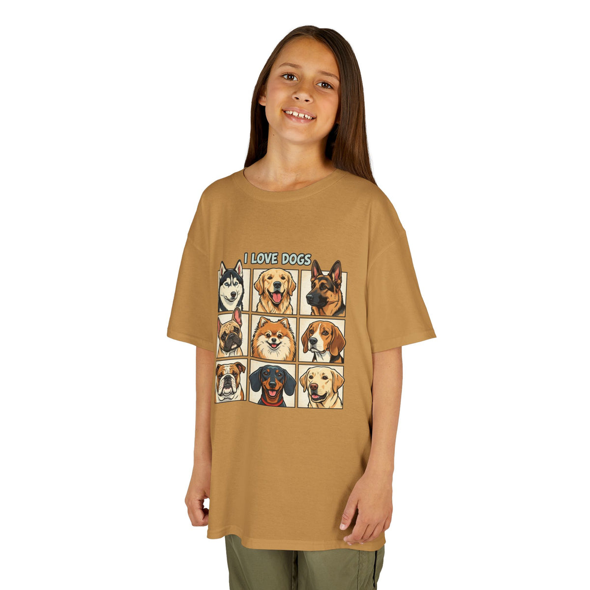 Kids T‑Shirt — "I Love Dogs" Cartoon Breed Grid
