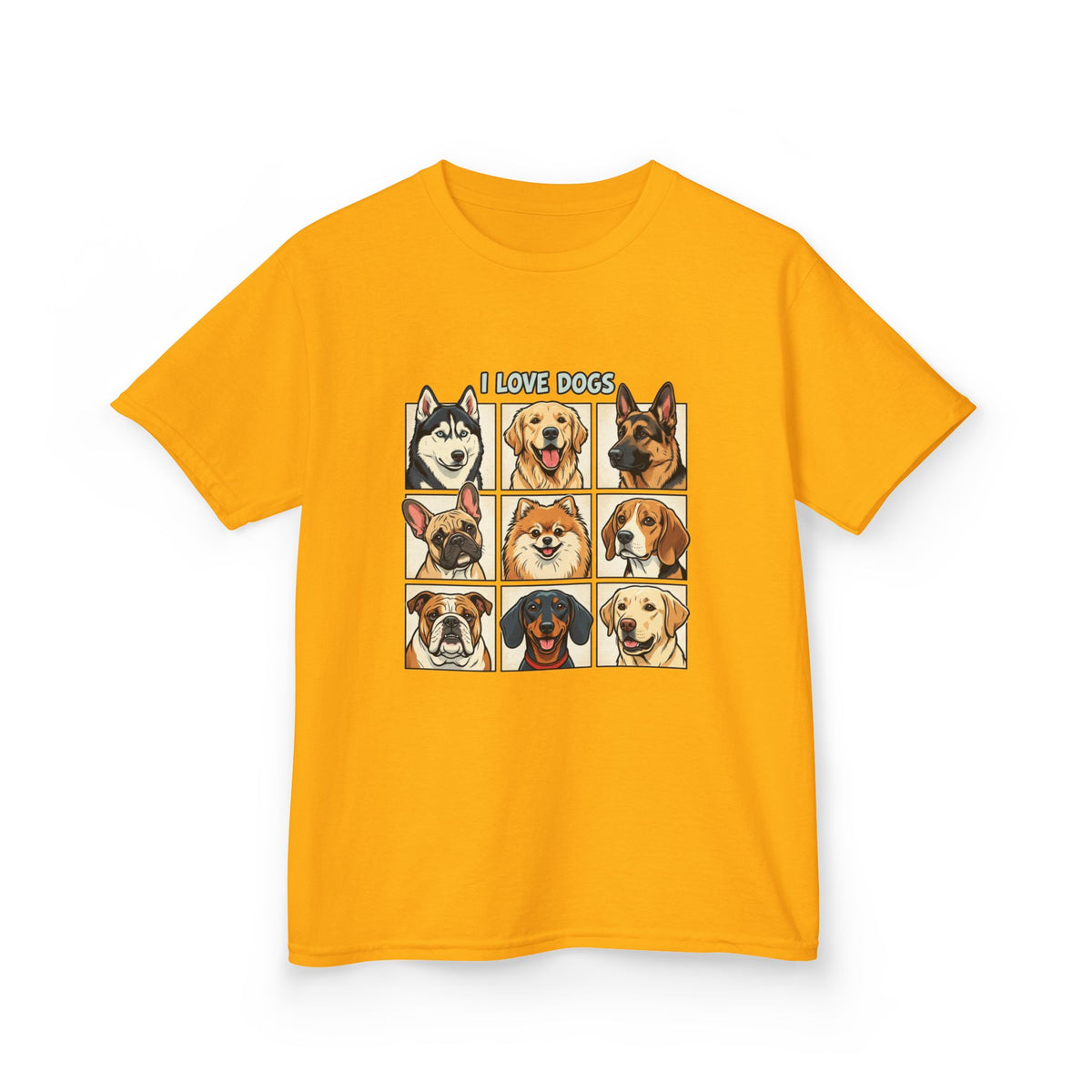 Kids T‑Shirt — "I Love Dogs" Cartoon Breed Grid