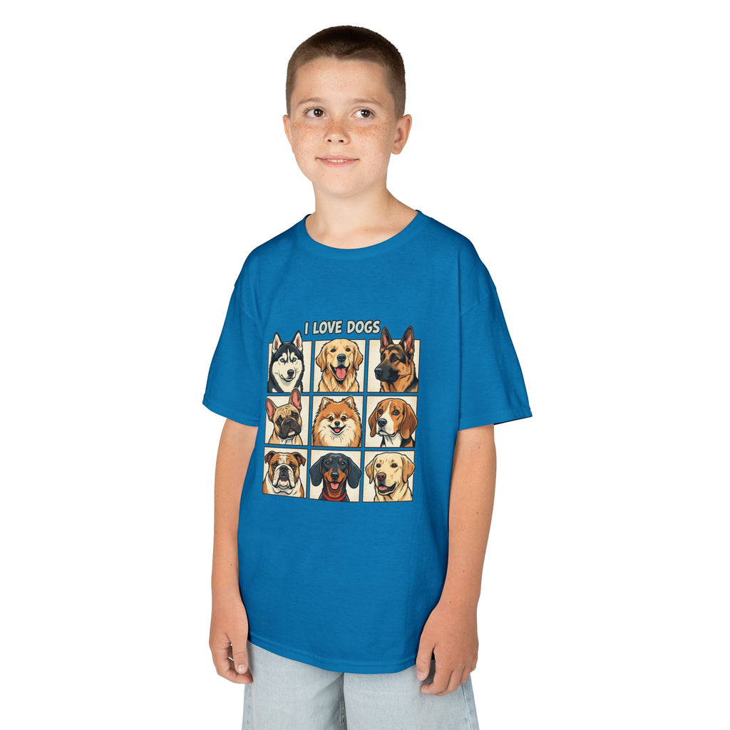 Kids T‑Shirt — "I Love Dogs" Cartoon Breed Grid