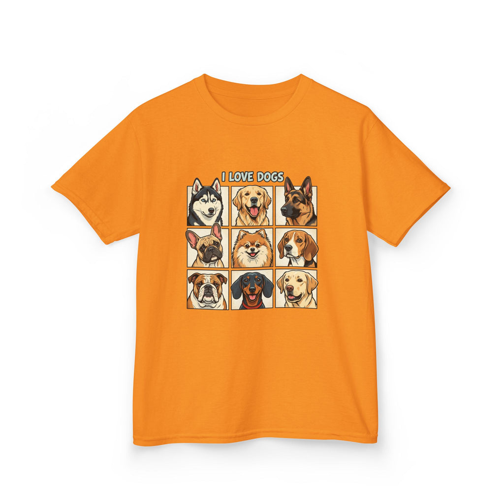 Kids T‑Shirt — "I Love Dogs" Cartoon Breed Grid