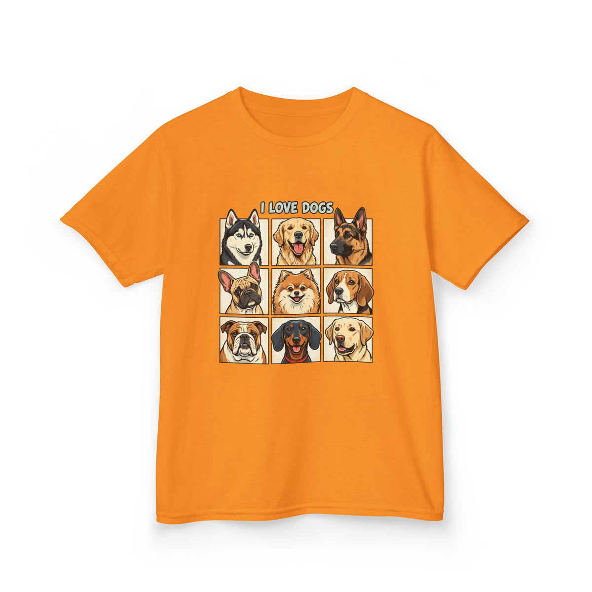 Kids T‑Shirt — "I Love Dogs" Cartoon Breed Grid