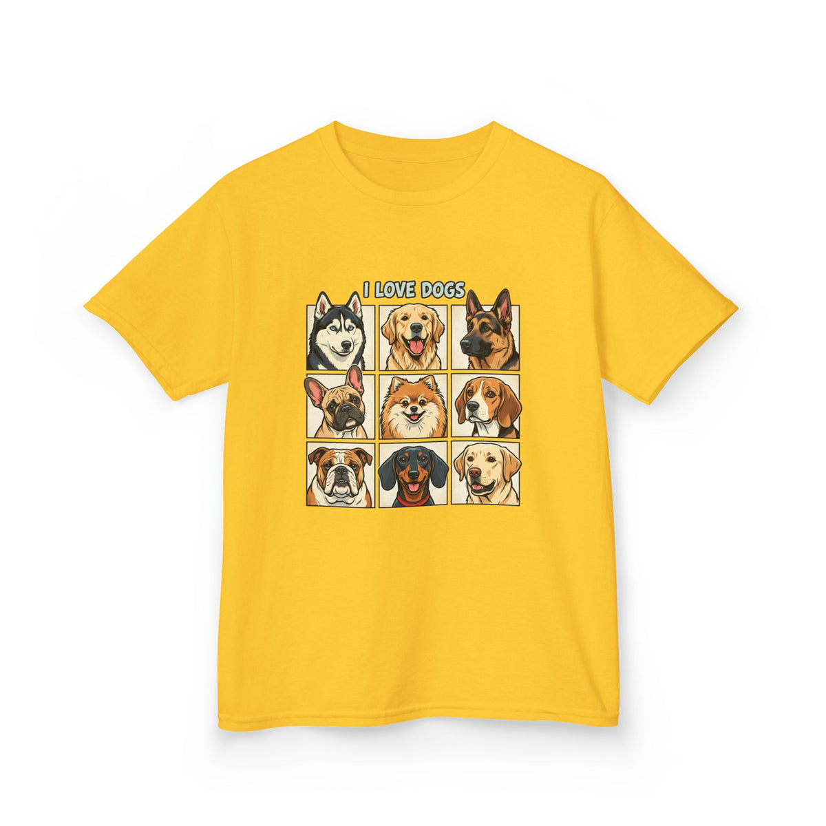 Kids T‑Shirt — "I Love Dogs" Cartoon Breed Grid