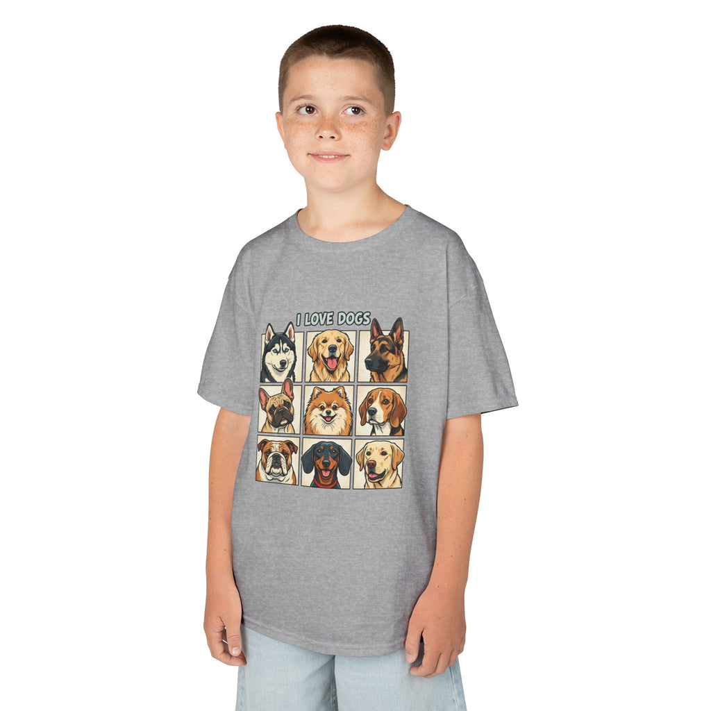 Kids T‑Shirt — "I Love Dogs" Cartoon Breed Grid