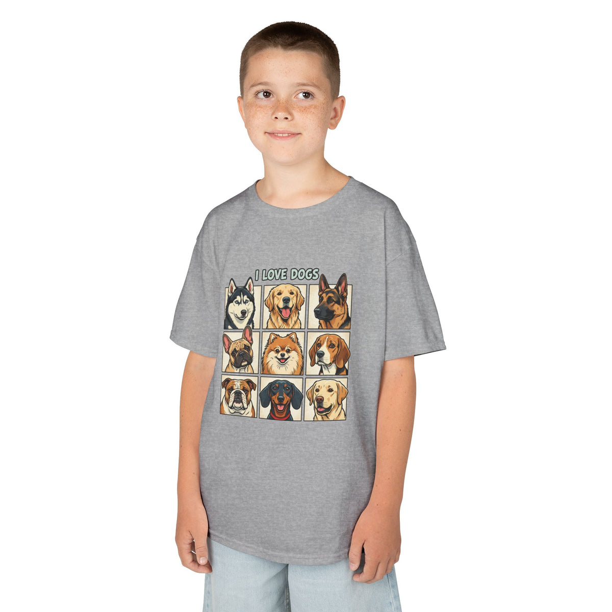 Kids T‑Shirt — "I Love Dogs" Cartoon Breed Grid