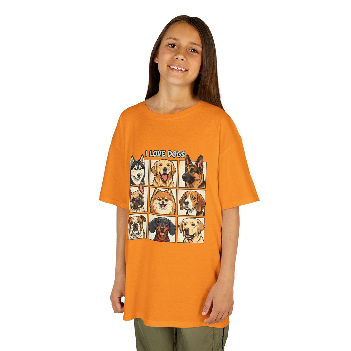 Kids T‑Shirt — "I Love Dogs" Cartoon Breed Grid