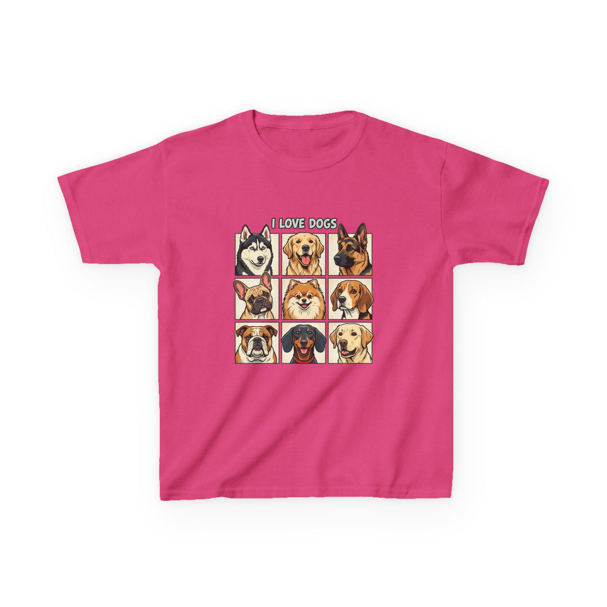 Kids T‑Shirt — "I Love Dogs" Cartoon Breed Grid