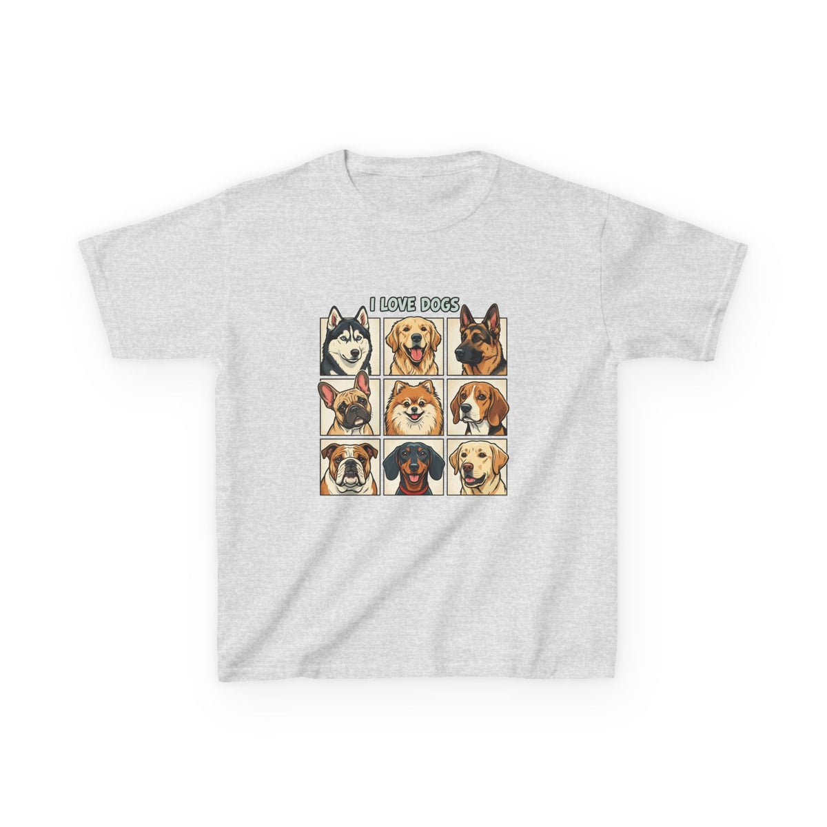 Kids T‑Shirt — "I Love Dogs" Cartoon Breed Grid