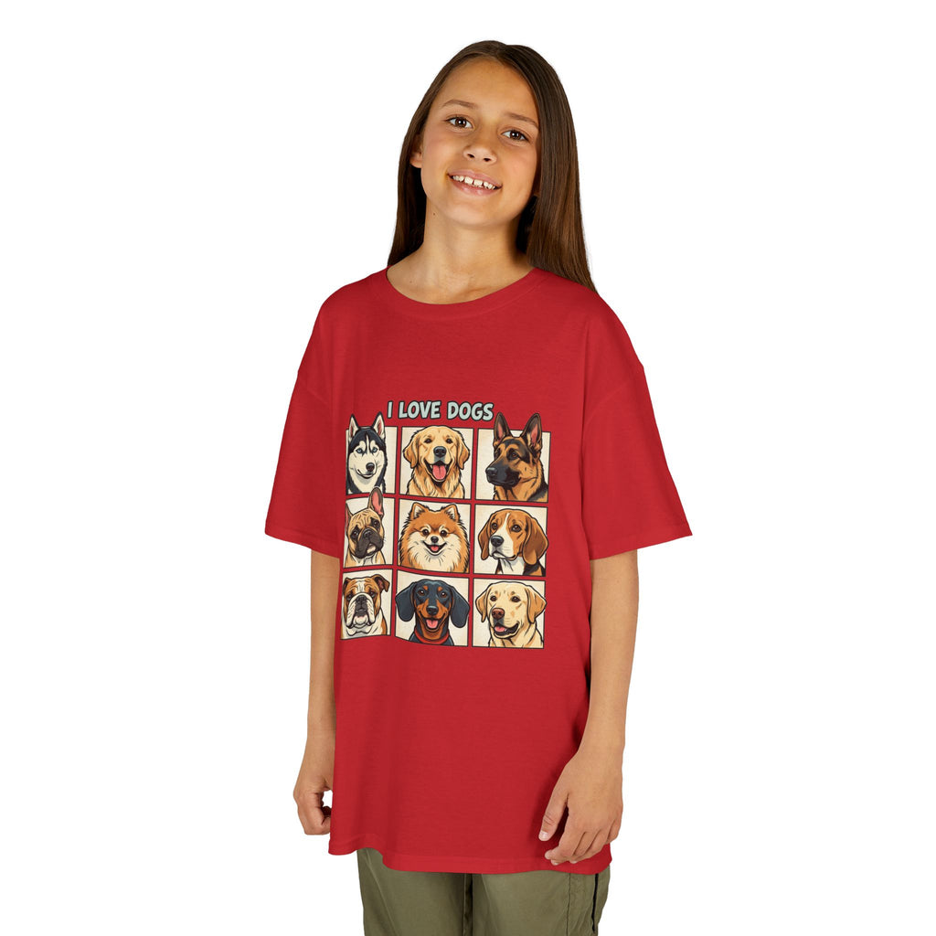 Kids T‑Shirt — "I Love Dogs" Cartoon Breed Grid