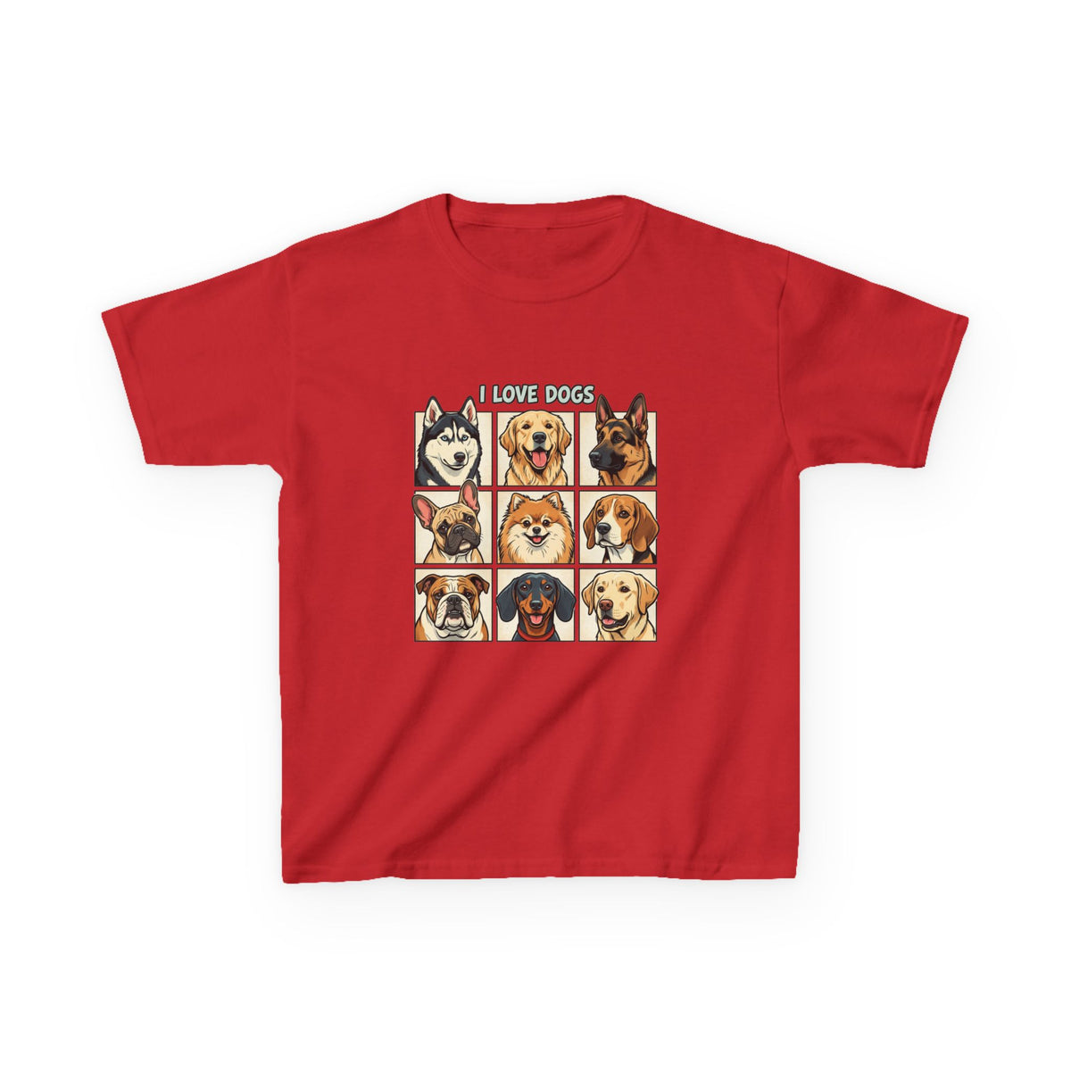 Kids T‑Shirt — "I Love Dogs" Cartoon Breed Grid