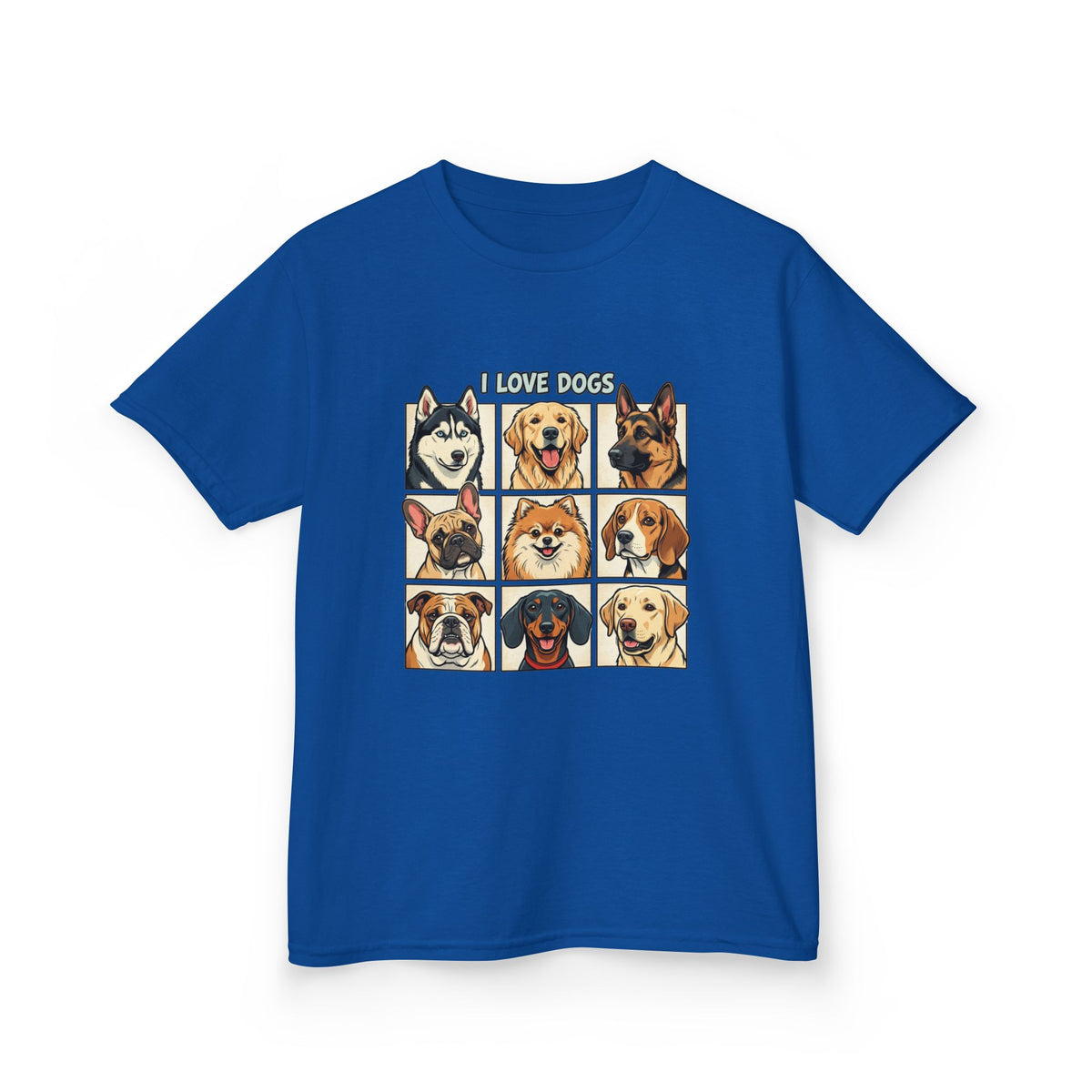 Kids T‑Shirt — "I Love Dogs" Cartoon Breed Grid