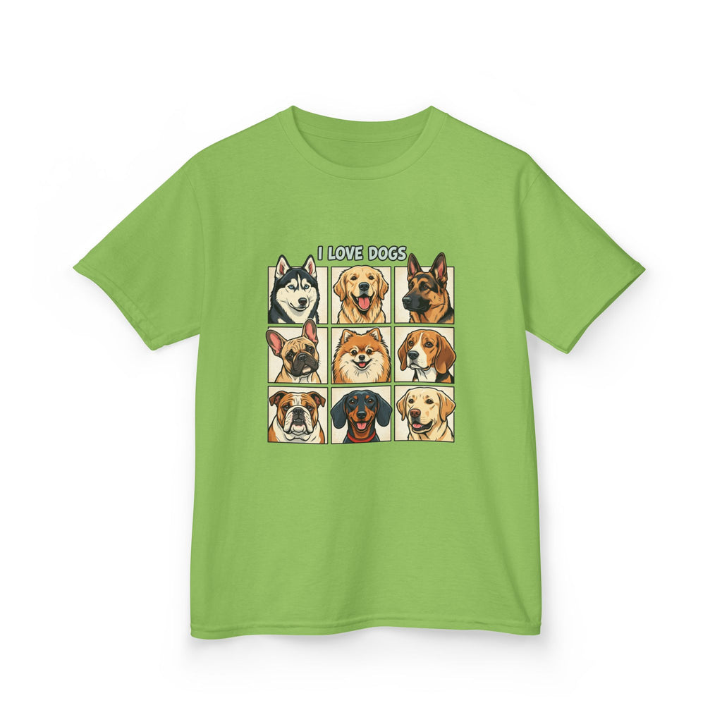 Kids T‑Shirt — "I Love Dogs" Cartoon Breed Grid