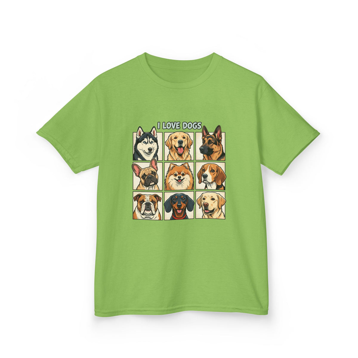 Kids T‑Shirt — "I Love Dogs" Cartoon Breed Grid