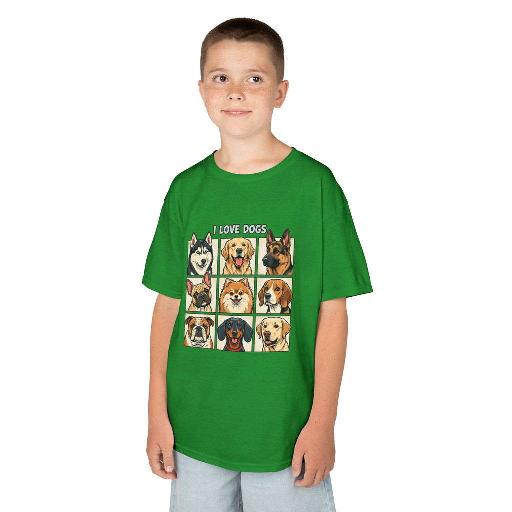 Kids T‑Shirt — "I Love Dogs" Cartoon Breed Grid
