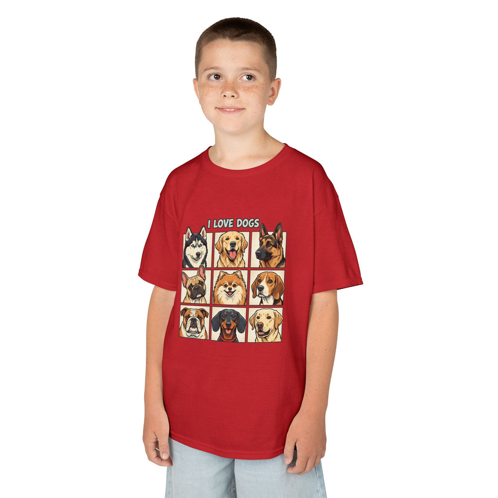 Kids T‑Shirt — "I Love Dogs" Cartoon Breed Grid