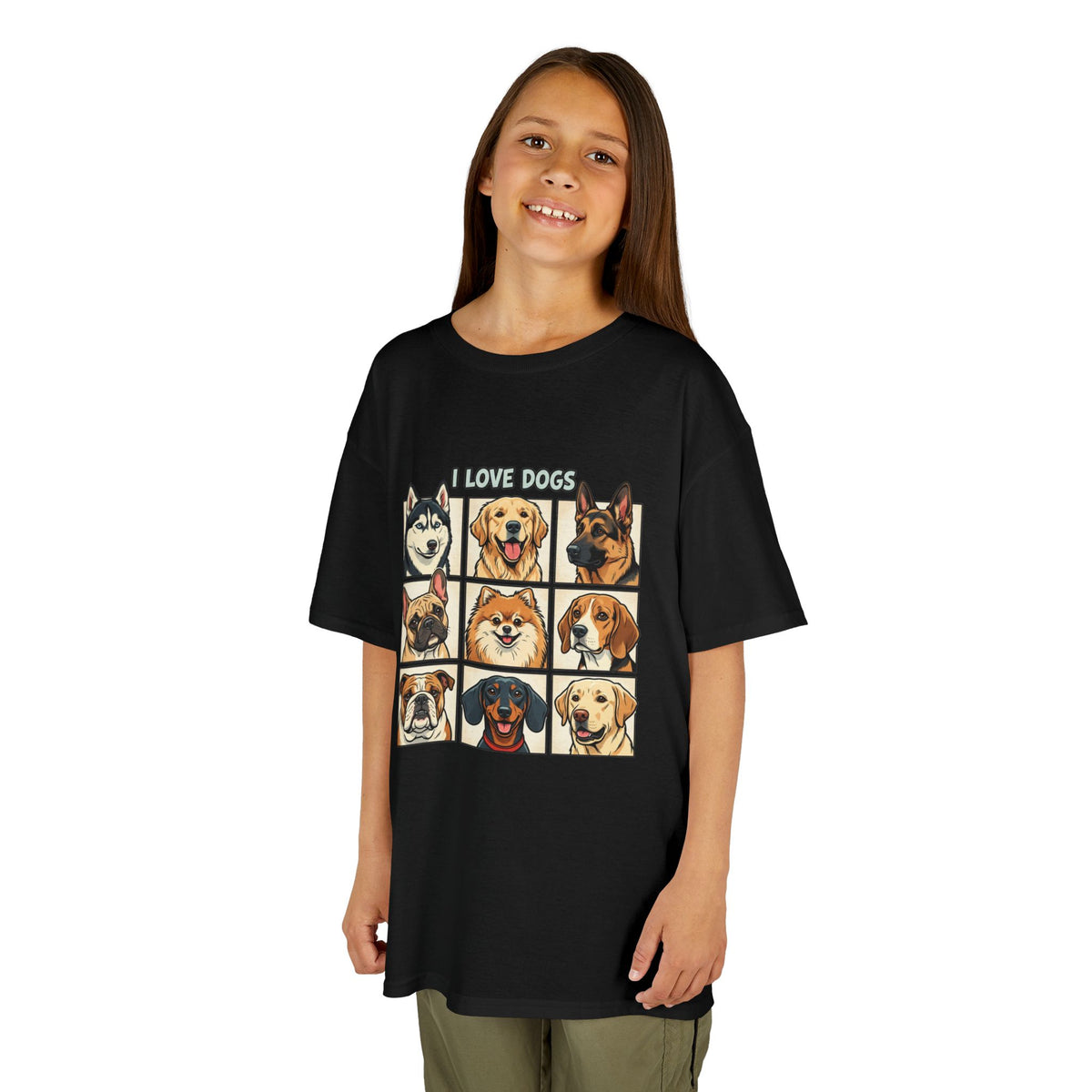 Kids T‑Shirt — "I Love Dogs" Cartoon Breed Grid