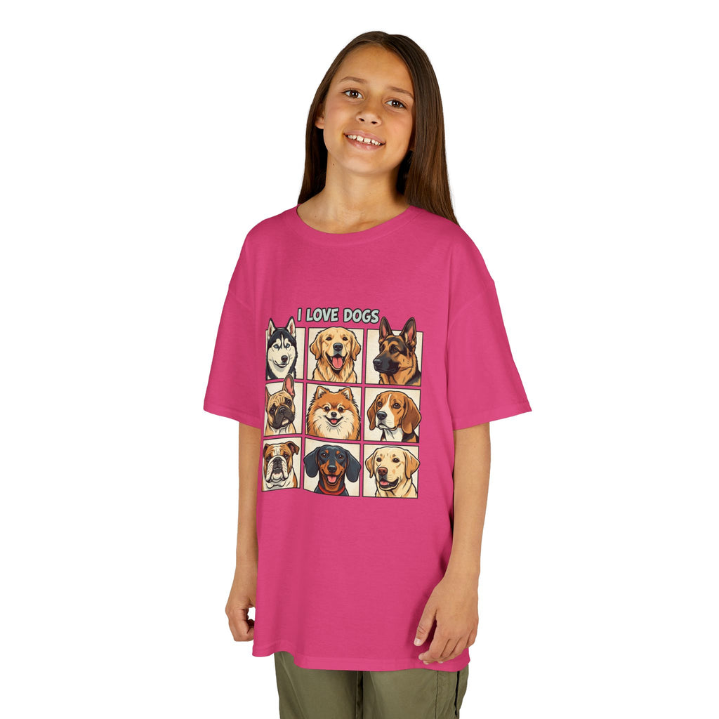 Kids T‑Shirt — "I Love Dogs" Cartoon Breed Grid