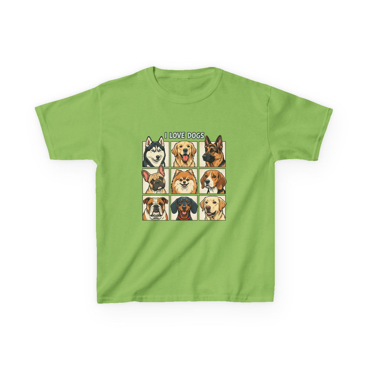 Kids T‑Shirt — "I Love Dogs" Cartoon Breed Grid