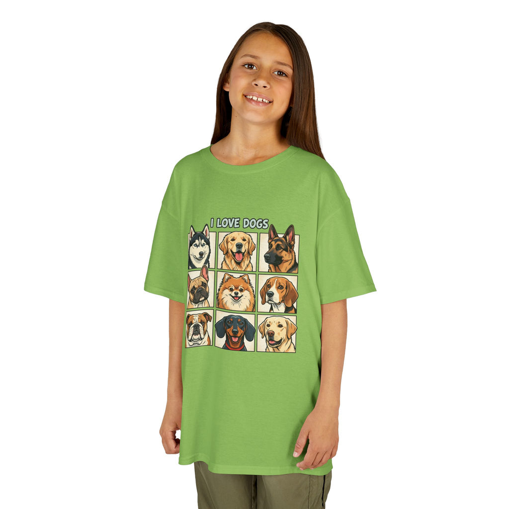 Kids T‑Shirt — "I Love Dogs" Cartoon Breed Grid