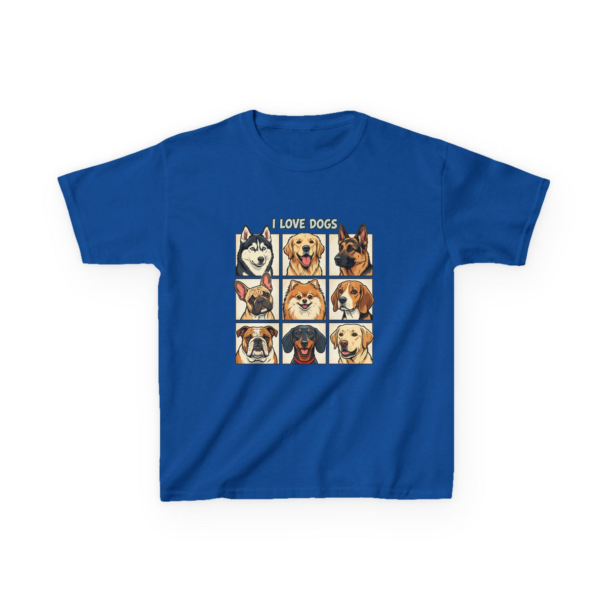 Kids T‑Shirt — "I Love Dogs" Cartoon Breed Grid