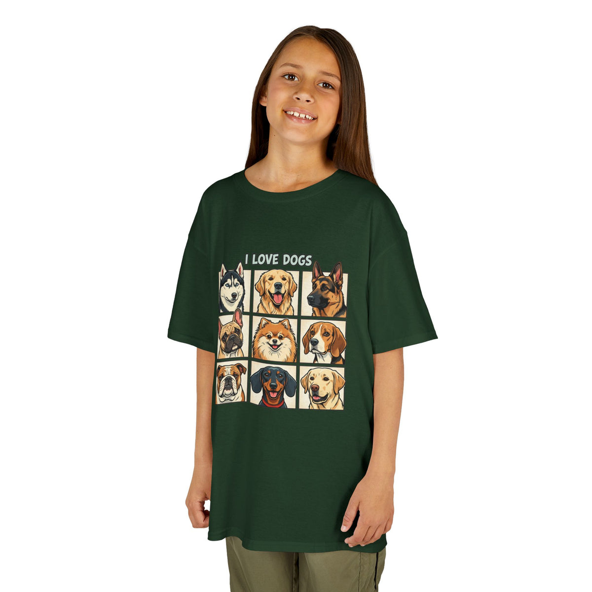 Kids T‑Shirt — "I Love Dogs" Cartoon Breed Grid