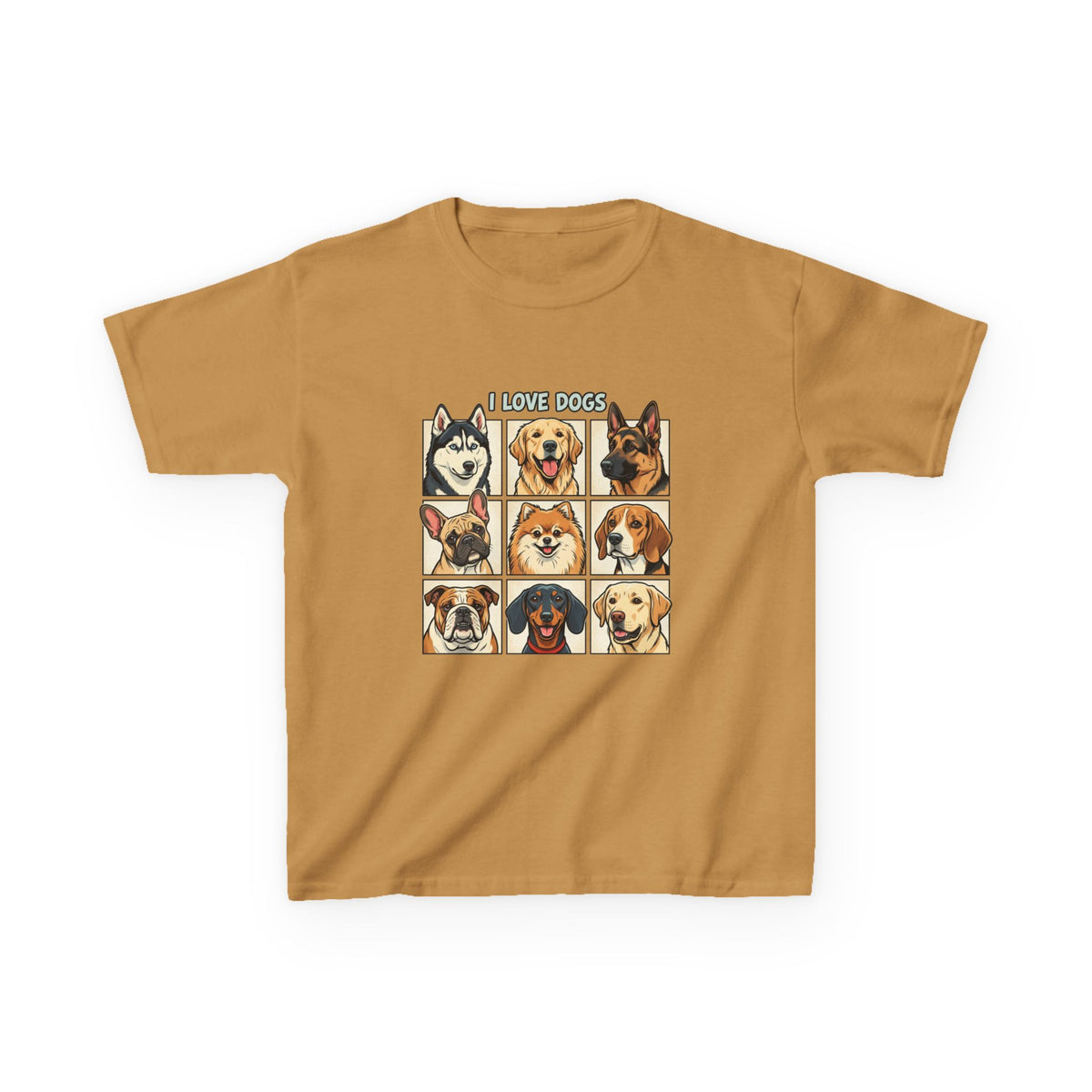 Kids T‑Shirt — "I Love Dogs" Cartoon Breed Grid