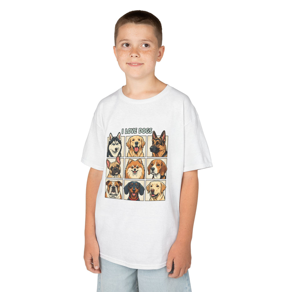 Kids T‑Shirt — "I Love Dogs" Cartoon Breed Grid