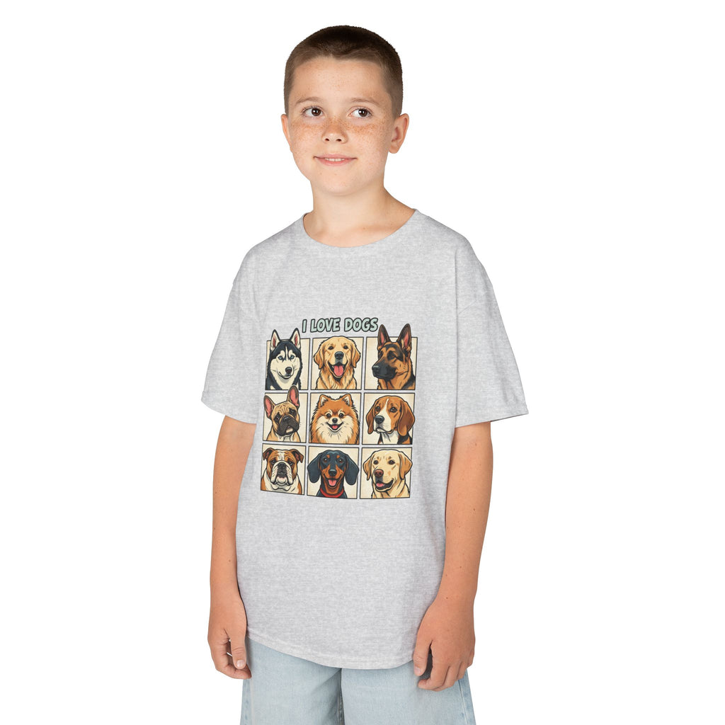 Kids T‑Shirt — "I Love Dogs" Cartoon Breed Grid