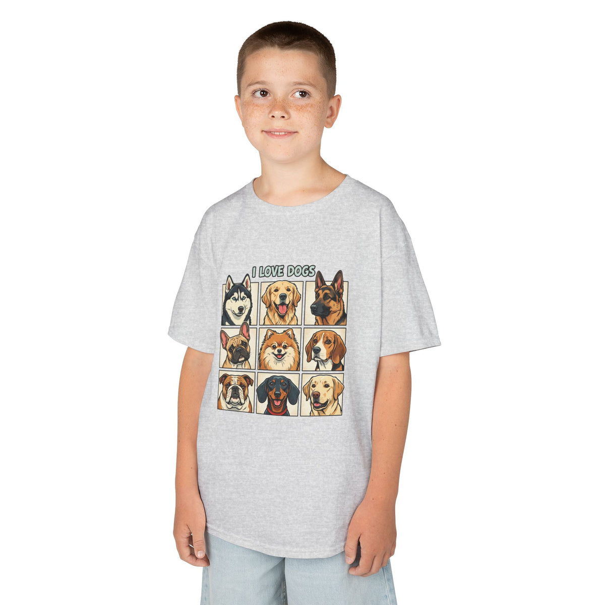 Kids T‑Shirt — "I Love Dogs" Cartoon Breed Grid