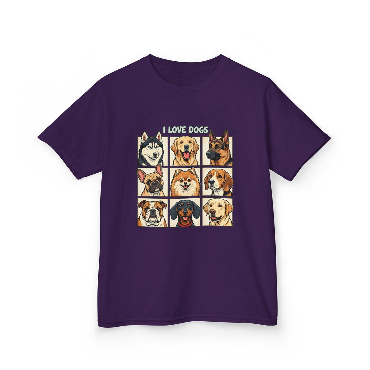 Kids T‑Shirt — "I Love Dogs" Cartoon Breed Grid