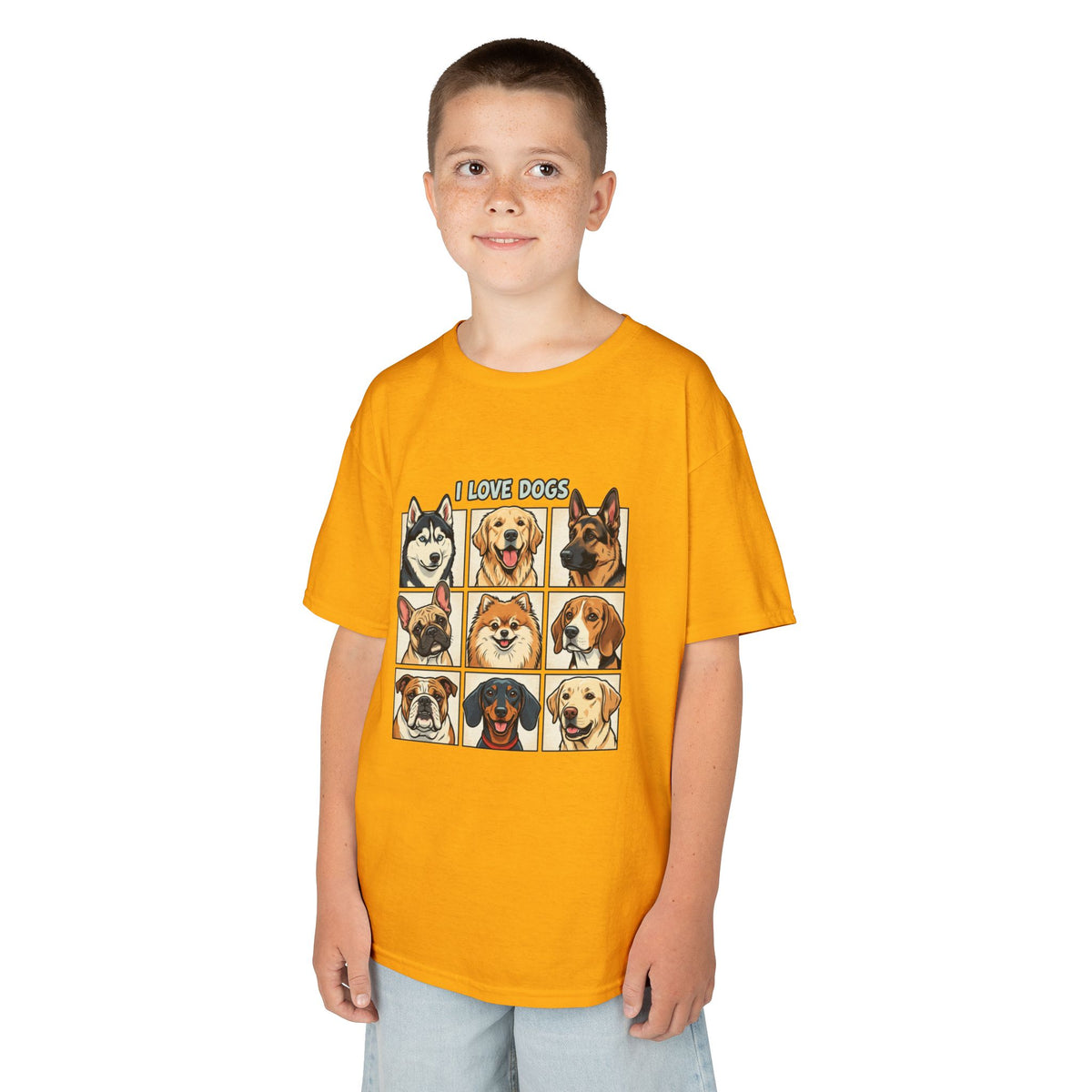 Kids T‑Shirt — "I Love Dogs" Cartoon Breed Grid
