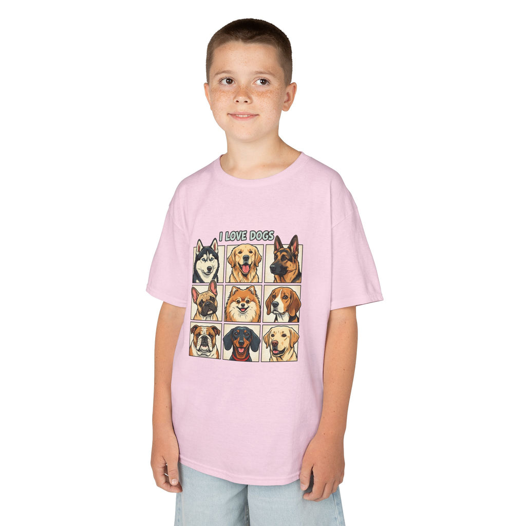 Kids T‑Shirt — "I Love Dogs" Cartoon Breed Grid