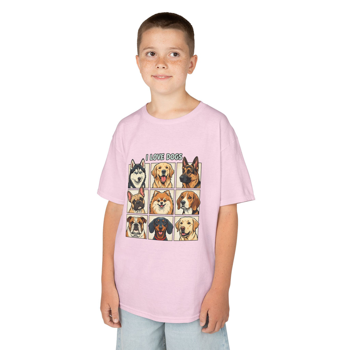 Kids T‑Shirt — "I Love Dogs" Cartoon Breed Grid