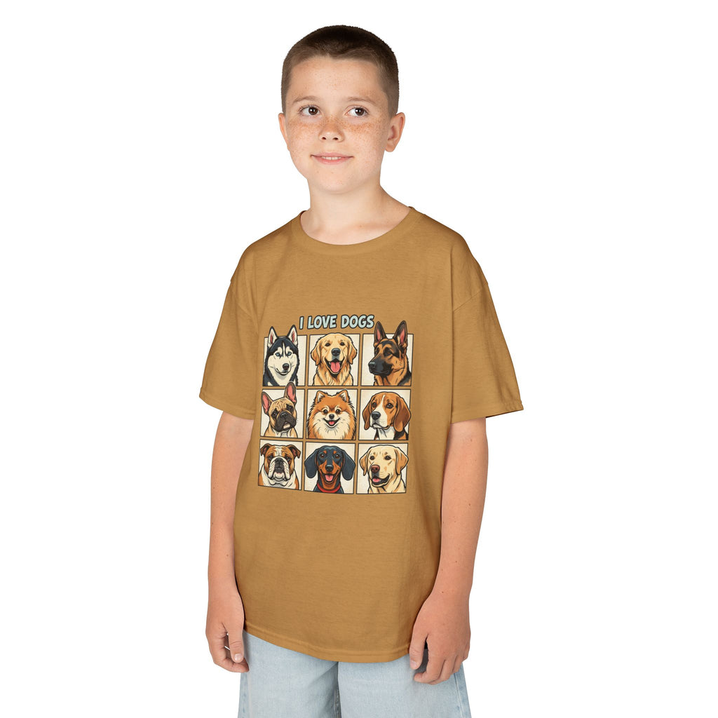 Kids T‑Shirt — "I Love Dogs" Cartoon Breed Grid