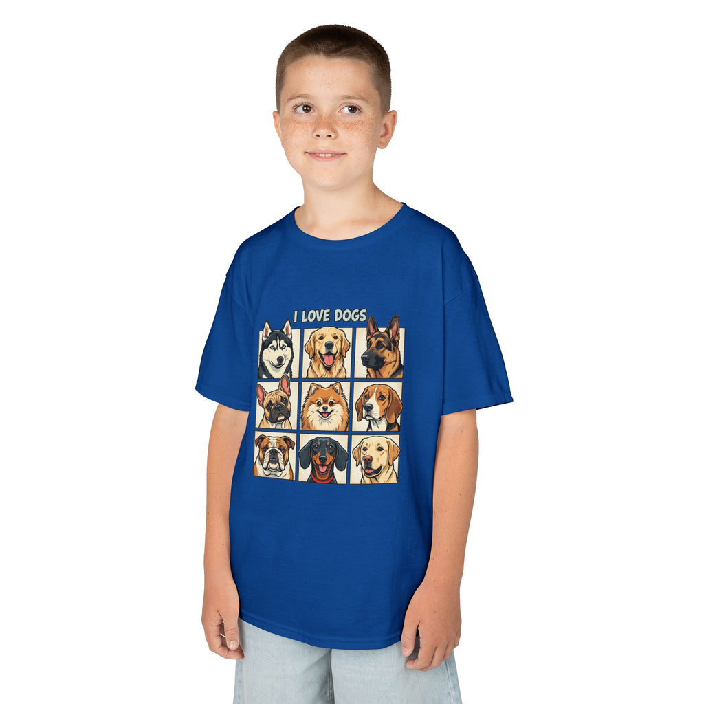 Kids T‑Shirt — "I Love Dogs" Cartoon Breed Grid