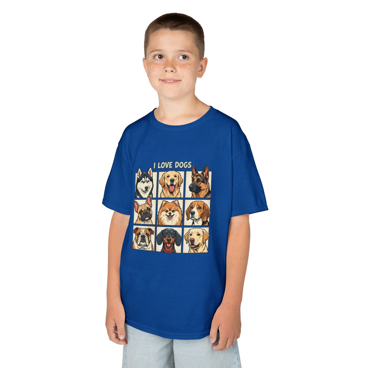 Kids T‑Shirt — "I Love Dogs" Cartoon Breed Grid