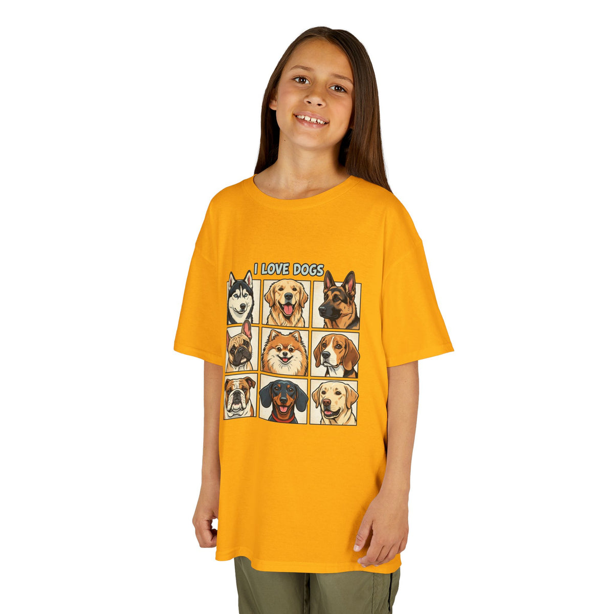 Kids T‑Shirt — "I Love Dogs" Cartoon Breed Grid