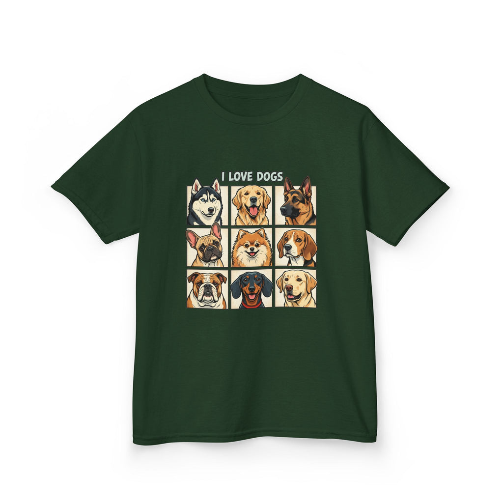 Kids T‑Shirt — "I Love Dogs" Cartoon Breed Grid