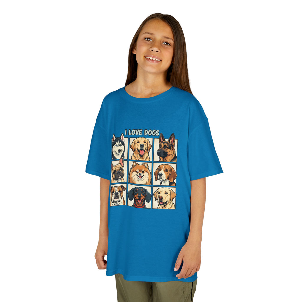 Kids T‑Shirt — "I Love Dogs" Cartoon Breed Grid